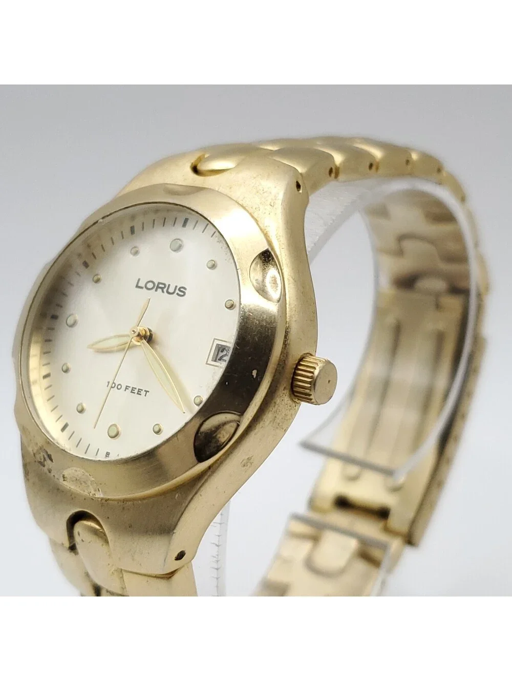 Lorus Diver Style Women Watch New Battery Gold Tone Date Dial 34mm